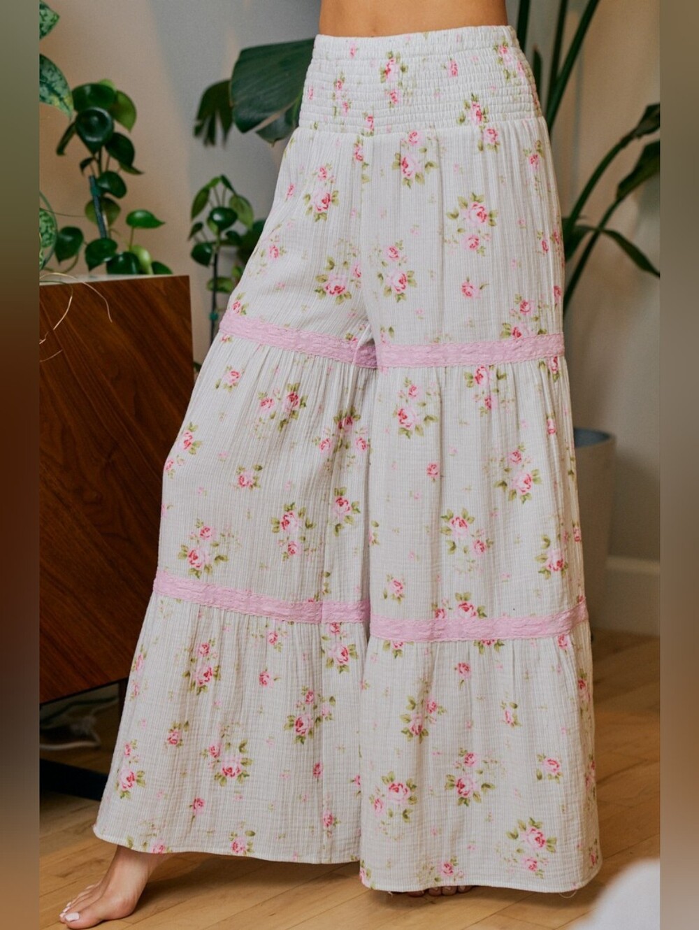 BiBi Rose Printed Gauze Trim Detail Smocked Maxi Pants- Cotton